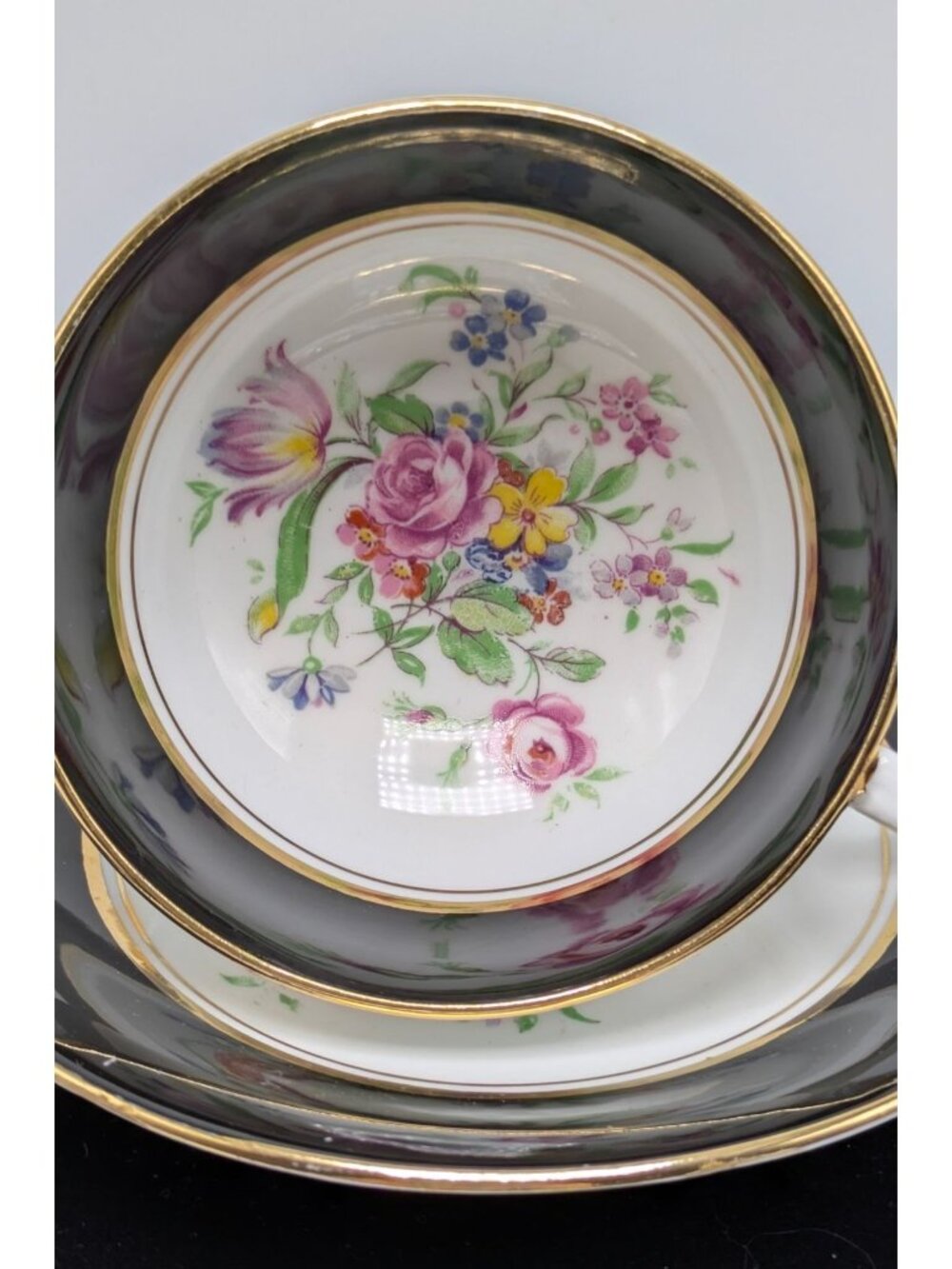 Windsor Bone China Floral Black Teacup Saucer Set England Vintage